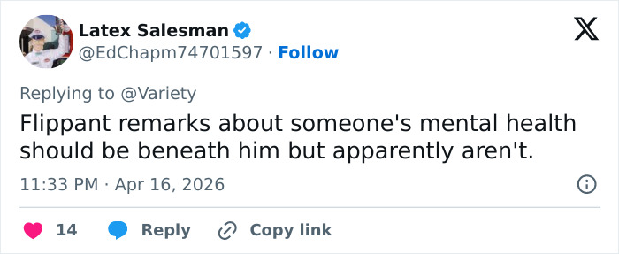 Tweet criticizing flippant remarks on mental health, referencing Bryan Cranston’s brutal and direct remarks on Shia LaBeouf.