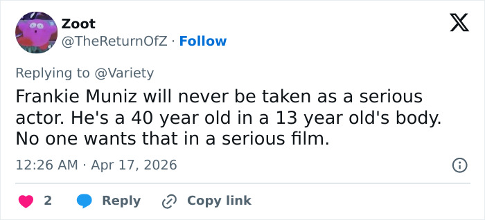 Screenshot of a tweet criticizing Frankie Muniz, relating to Bryan Cranston’s brutal and direct remarks on Shia LaBeouf.