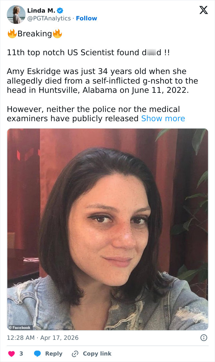 Woman in a denim jacket pictured in a selfie related to the string of missing or deceased scientists raising alarm.