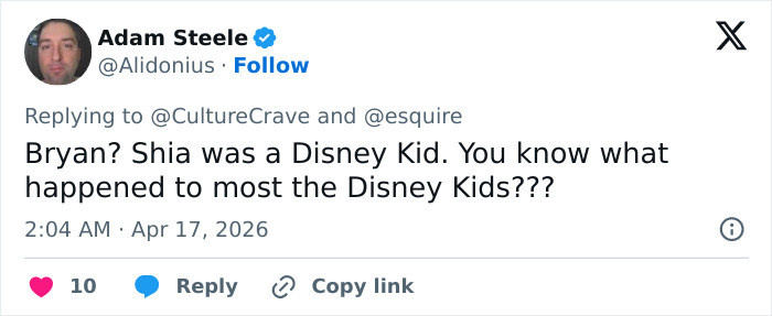 Tweet screenshot showing Adam Steele replying about Shia LaBeouf, related to Bryan Cranston’s brutal and direct remarks on Shia LaBeouf.