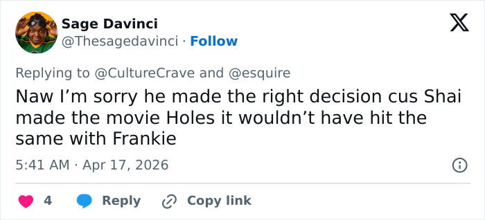 Tweet by Sage Davinci commenting on Shia LaBeouf's role in the movie Holes amid Bryan Cranston’s direct remarks.
