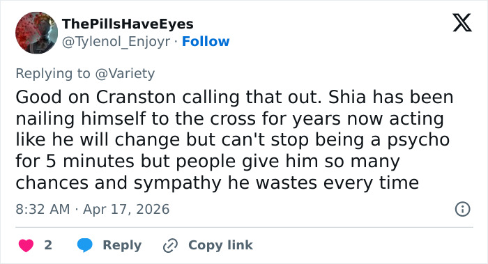 Tweet praising Bryan Cranston’s direct remarks on Shia LaBeouf, highlighting fans’ reaction and frustration toward LaBeouf’s behavior.