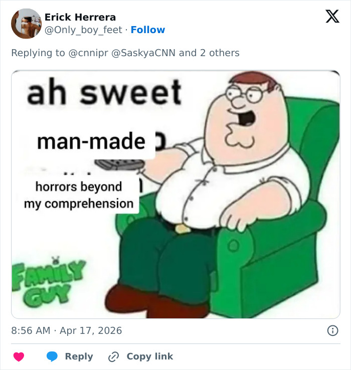 Cartoon character sitting in green chair watching TV, meme text referencing man-made horrors beyond comprehension.