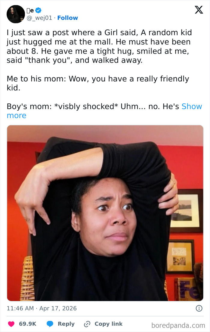 A woman with a comically shocked expression, her arms wrapped around her head, reacting to a funny tweet. Hilarious tweets abound.