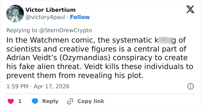 Screenshot of a tweet discussing the systematic k*****g of scientists and creative figures in a conspiratorial plot.