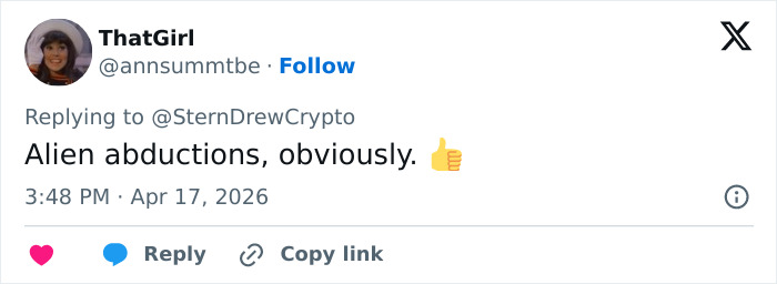 Tweet from user ThatGirl replying with a comment on a string of missing or deceased scientists raising alarm, mentioning alien abductions.