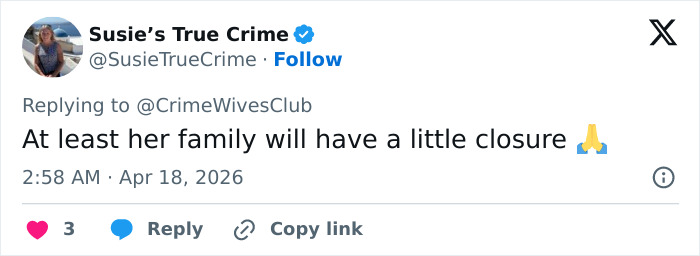 Captura de tela de um tweet expressando esperança de encerramento depois que restos mortais de uma mãe desaparecida, vista pela última vez colhendo cogumelos, foram encontrados por caminhantes.