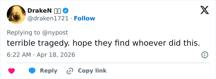 O usuário do Twitter DrakeN comentando sobre um caso trágico, esperando que os restos mortais de uma mãe desaparecida encontrados por caminhantes levem a respostas.