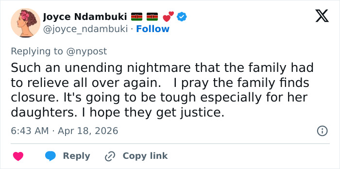 Captura de tela de um tweet expressando solidariedade à família de uma mãe desaparecida cujos restos mortais foram encontrados por caminhantes.