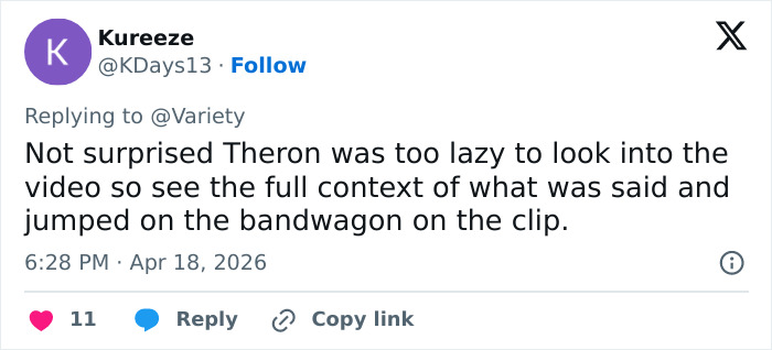 Captura de tela de uma resposta no Twitter discutindo o comentário de Charlize Theron sobre o comentário de balé de Timothee Chalamet e as reações na Internet.