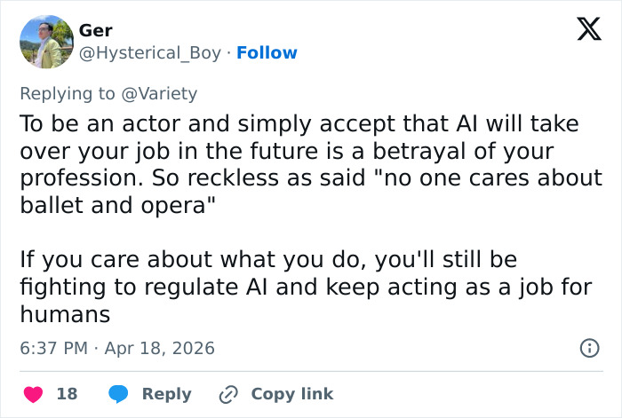 Captura de tela de um comentário na mídia social reagindo ao comentário de Charlize Theron sobre o comentário do balé de Timothee Chalamet.