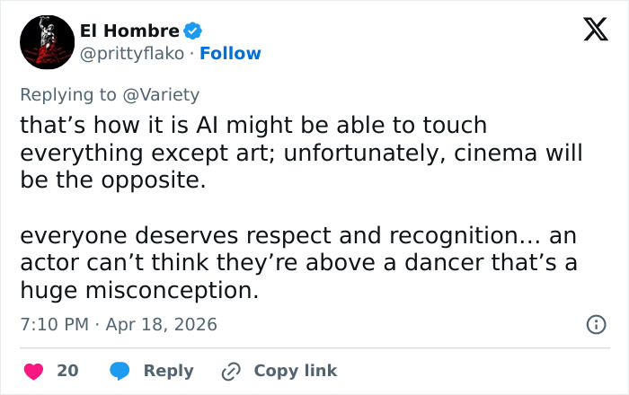 Captura de tela de uma resposta na mídia social discutindo respeito e arte em relação ao comentário do balé de Charlize Theron e Timothee Chalamet.