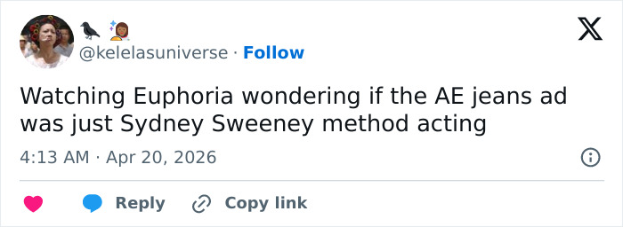 Screenshot of a social media post discussing Euphoria backlash and Sydney Sweeney's portrayal in Season 3 episode.