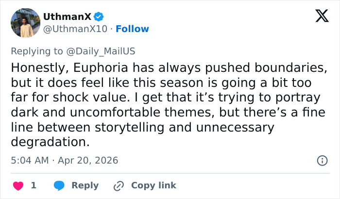 Screenshot of a Twitter reply discussing backlash over Sydney Sweeney’s character being degraded in Euphoria Season 3.