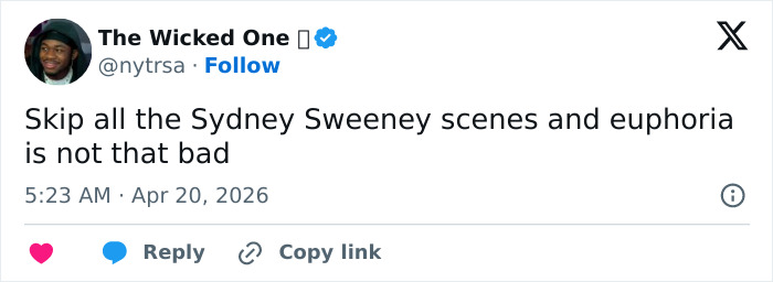Screenshot of a Twitter post criticizing Sydney Sweeney scenes amid Euphoria backlash for Season 3 episode depiction.