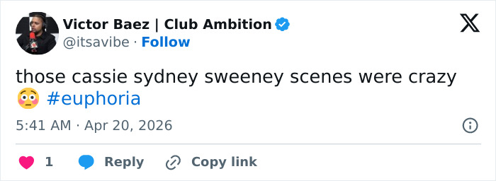 Screenshot of a tweet reacting to Sydney Sweeney scenes in Euphoria season 3 with a shocked emoji and hashtag Euphoria.