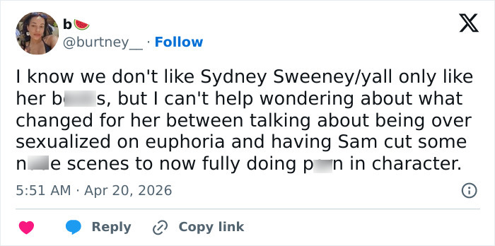 Tweet screenshot showing backlash over Sydney Sweeney’s portrayal and degradation in the newest episode of Euphoria season 3.
