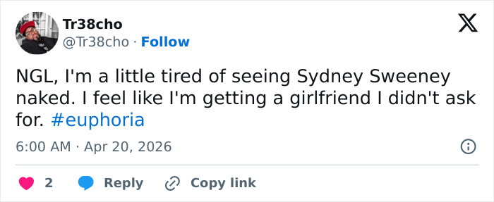 Screenshot of a tweet expressing fatigue over Sydney Sweeney’s degrading portrayal in the latest Euphoria Season 3 episode.