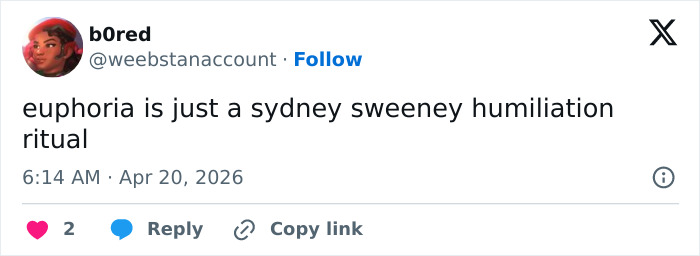 Tweet criticizing Euphoria’s treatment of Sydney Sweeney, describing it as a humiliation ritual.