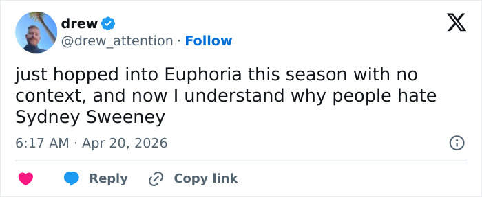 Tweet criticizing Euphoria Season 3 as Sydney Sweeney faces backlash over character portrayed as degraded.