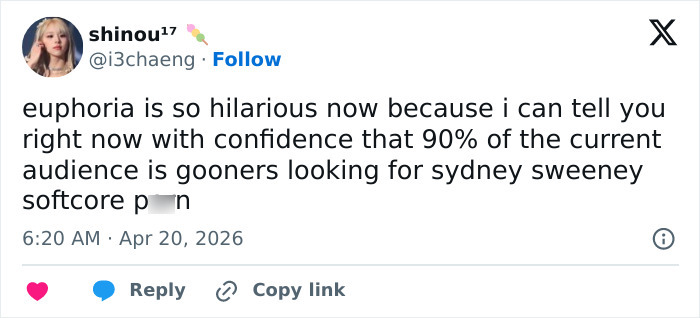 Tweet discussing Euphoria backlash and Sydney Sweeney amid controversy in the newest episode of Season 3.