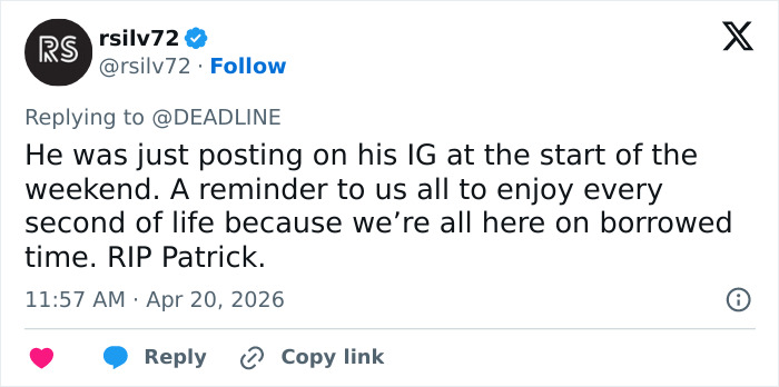 A estrela de 'Melrose Place', Patrick Muldoon, morre repentinamente aos 57 anos