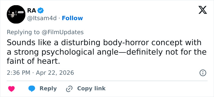 A social media post from RA on Apr 22, 2026, about a disturbing body-horror film concept. Horror movie condemning the movement.