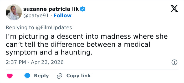 A tweet by Suzanne Patricia Lik, with the text: "I'm picturing a descent into madness where she can't tell the difference between a medical symptom and a haunting." Reflects the horror movie's theme of being thinner.
