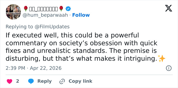 A Twitter user's comment on a horror movie about being thinner than ever, calling it a powerful societal commentary.