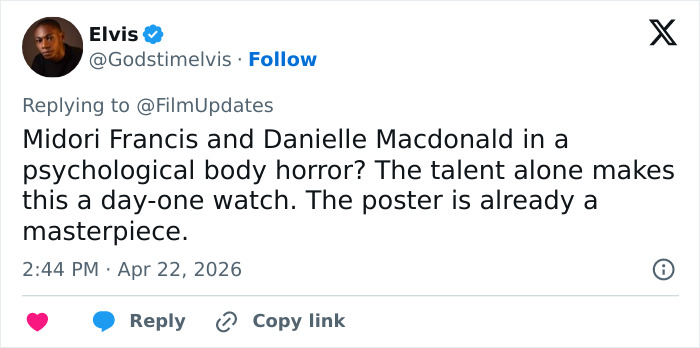 A tweet from Elvis discussing psychological body horror. Mentions the film's stars and the trend of being thinner than ever.