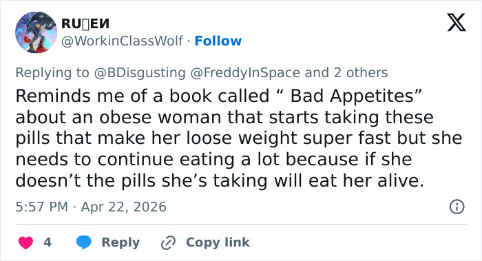 A tweet discussing a book with a terrifying twist, reflecting the horror movie theme of being thinner than ever.