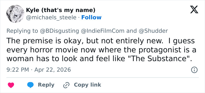 A tweet by Kyle (that's my name) @michaels_steele about a horror movie, mentioning the trend of being thinner than ever.
