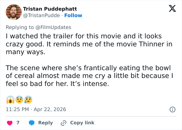 A tweet by Tristan Puddephatt describing a new horror movie and how it relates to the trend of being thinner than ever.