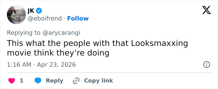 A tweet from JK @eboifrend on April 23, 2026, about a horror movie and the trend of being thinner than ever.