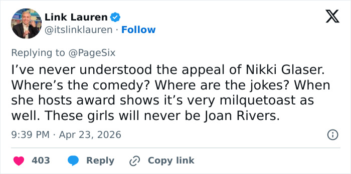 Um tweet de Link Lauren questionando a comédia de Nikki Glaser, mencionando como ela torra o rosto sério característico de Victoria Beckham.