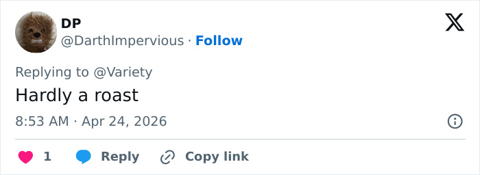 Uma resposta no Twitter de @DarthImpervious afirmando: 