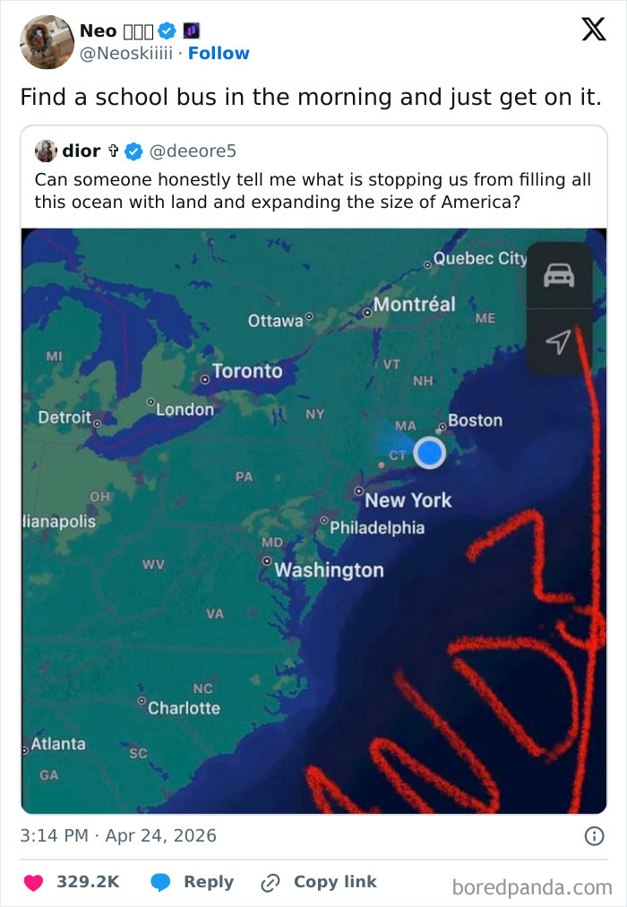 A tweet showing a map of the East Coast with a funny comment about expanding America. Hilarious tweets inspired by warm spring weather.