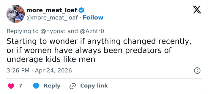 Uma postagem de @more_meat_loaf no Twitter, em resposta a @nypost, discute um professor substituto e relacionamentos impróprios.