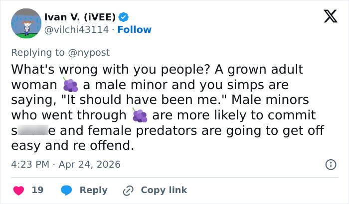 Um tweet discutindo um relacionamento impróprio entre um professor substituto e os alunos, destacando preocupações com predadores.