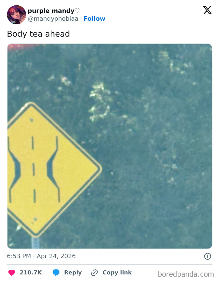 A viral tweet from purple mandy, showing a humorous yellow road sign with an hourglass figure, reminiscent of Warm Spring Weather.