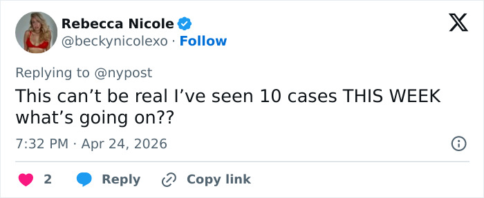 Uma captura de tela do Twitter de Rebecca Nicole respondendo ao NY Post. O usuário reage a uma cobrança de relacionamento impróprio do professor substituto.