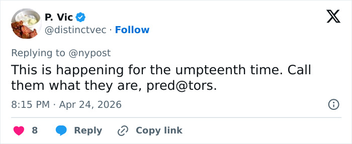 Um tweet de P. Vic respondendo a @nypost sobre o relacionamento impróprio de um professor substituto com os alunos.