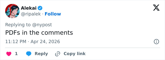 Um comentário nas redes sociais de Alekai, @ripalek, respondendo a @nypost: PDFs nos comentários. Relacionado a cobranças de relacionamento impróprio.