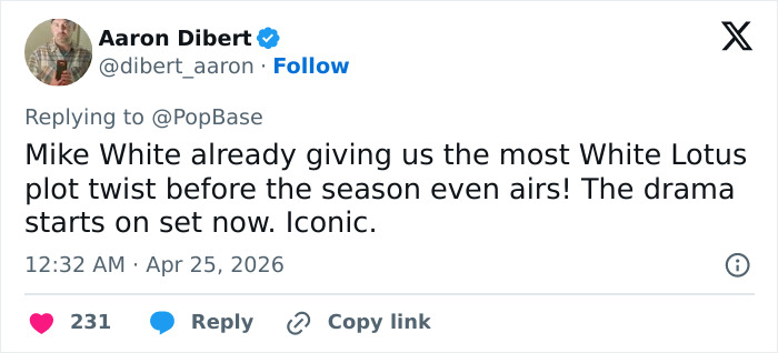 Um tweet de Aaron Dibert discutindo o drama no set de The White Lotus, mencionando que os fãs estão em pânico.