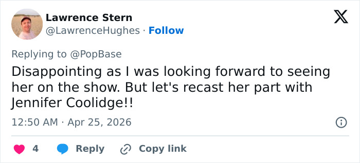 Um tweet de Lawrence Stern sugerindo que Jennifer Coolidge deveria substituir Helena Bonham Carter em The White Lotus.