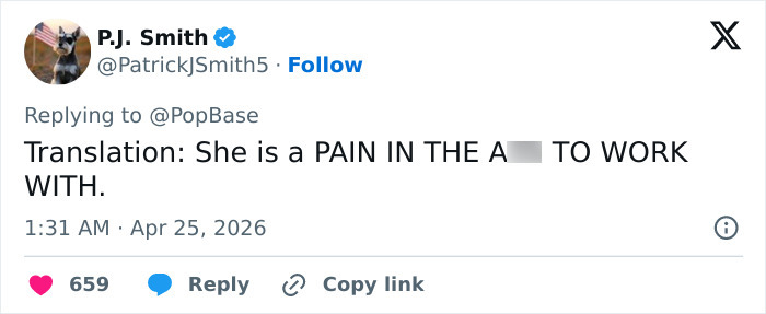 Um tweet de PJ Smith diz: Tradução: Ela é uma dor de cabeça ** para trabalhar, despertando preocupações de Helena Bonham Carter deixa o Lótus Branco.