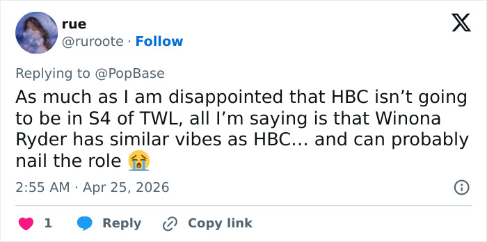 Um tweet sobre Helena Bonham Carter deixando o The White Lotus e os fãs em pânico, sugerindo Winona Ryder como substituta.