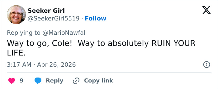 A tweet from Seeker Girl criticizing Cole for ruining his life, related to the White House Correspondents Dinner attacker.