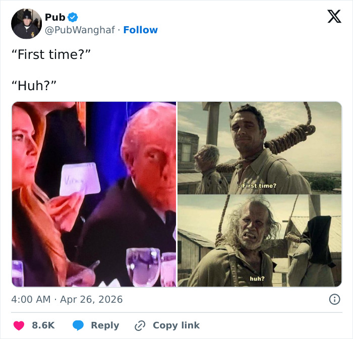 A White House dinner guest looking confused, juxtaposed with a meme asking "First time?" This security incident has netizens reacting.