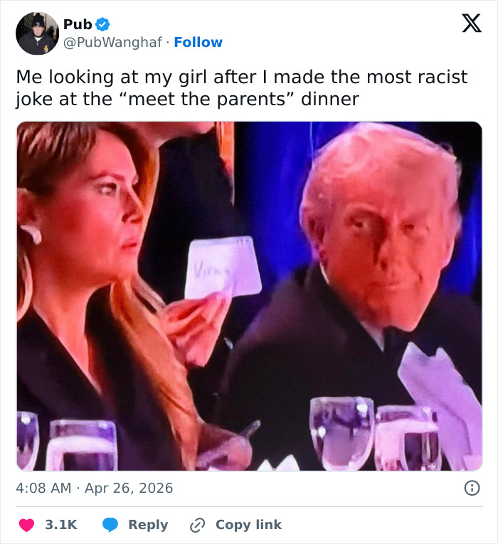 A meme: a woman looks disapprovingly at a man who is smiling, depicting reactions at a White House dinner.